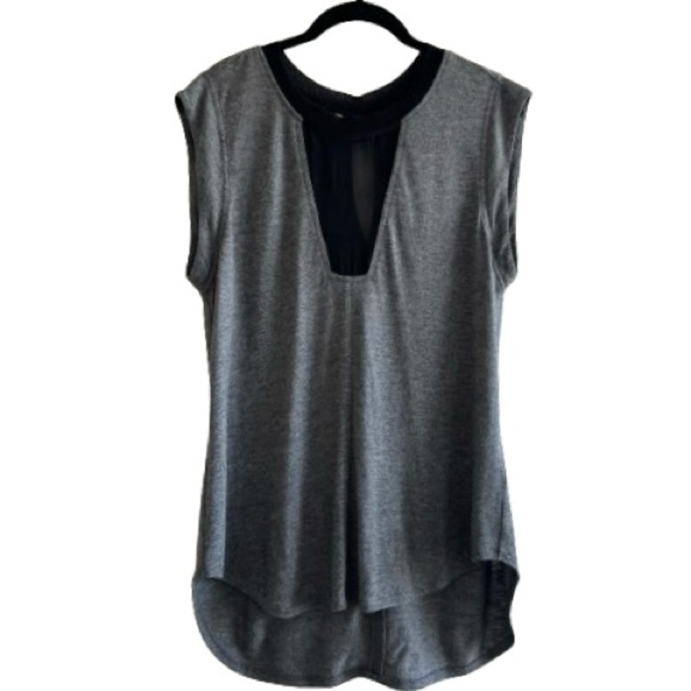 Rebecca Taylor Grey and Black Wool Silk Blend Cap Sleeve Top Sheer Mesh Panel